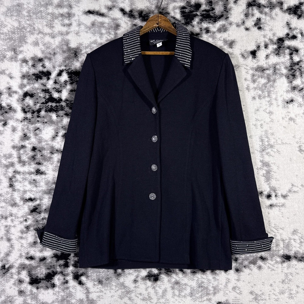 St John Evening Marie Gray Jacket Womens Size 12 Black Santana Knit Old Money